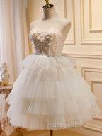 Beige Sweetheart Neck Tulle Puffy Short Formal Prom Dresses, Beige Homecoming Dresses