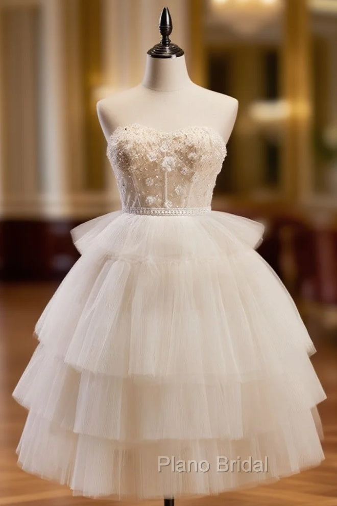 Beige Sweetheart Neck Tulle Puffy Short Formal Prom Dresses, Beige Homecoming Dresses Main image