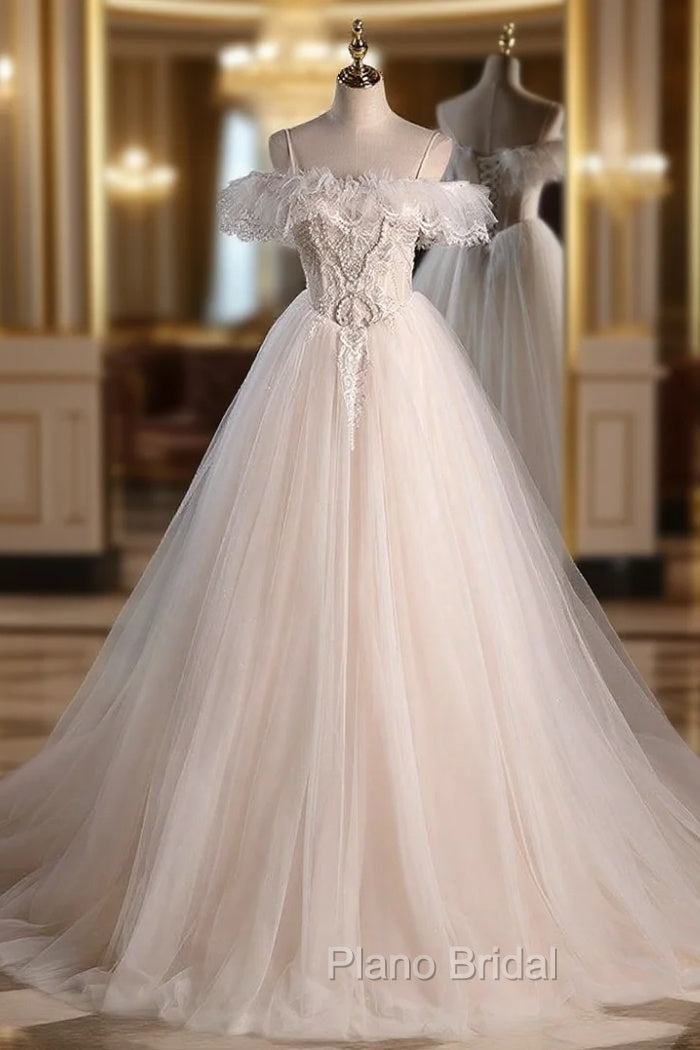 Beige Tulle Lace Spaghetti Straps Beading Wedding Dresses