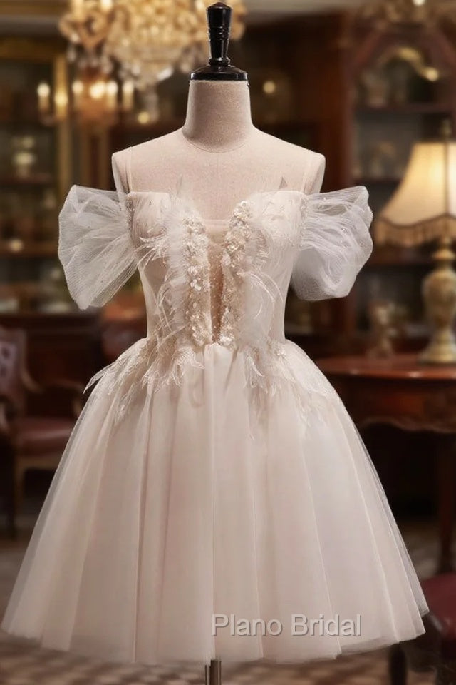 Beige Tulle Off the Shoulder Sequins Homecoming Dresses Main image