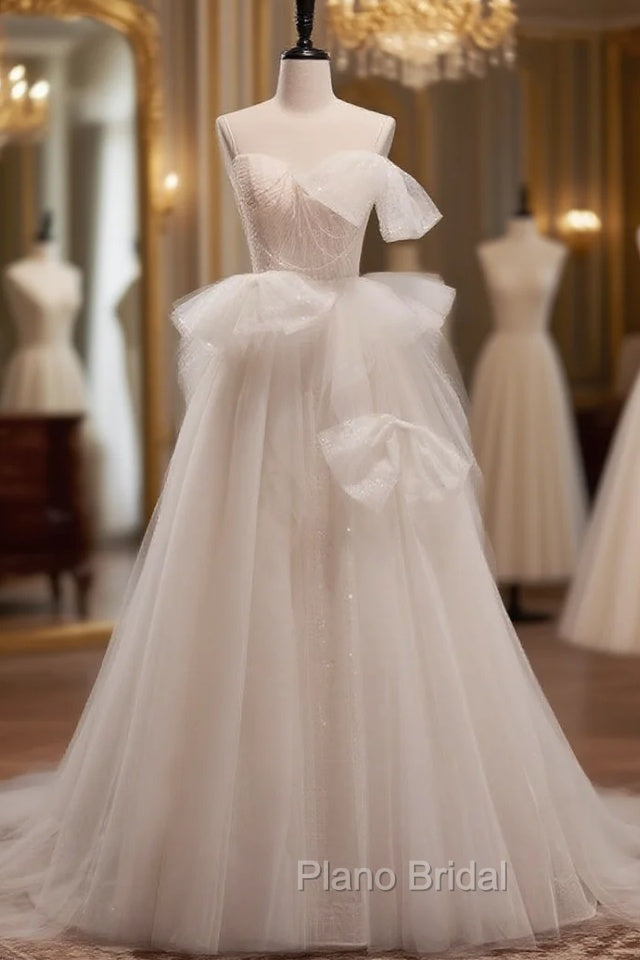 Beige Tulle Sequins Pleats Wedding Dresses