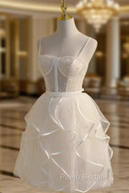 Beige Tulle Short Formal Prom Dresses, Mini/Short Beige Homecoming Dresses