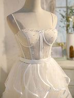 Beige Tulle Short Formal Prom Dresses, Mini/Short Beige Homecoming Dresses