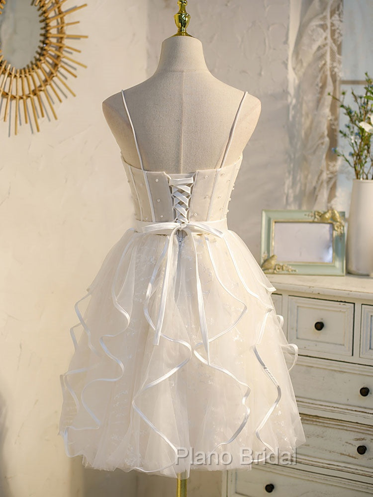 Beige Tulle Short Formal Prom Dresses, Mini/Short Beige Homecoming Dresses