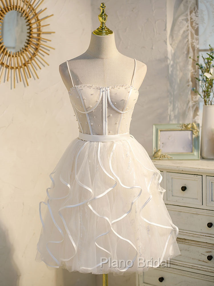 Beige Tulle Short Formal Prom Dresses, Mini/Short Beige Homecoming Dresses
