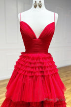 Beige Tulle Tiered Spaghetti Straps Long Prom Dress with Slit