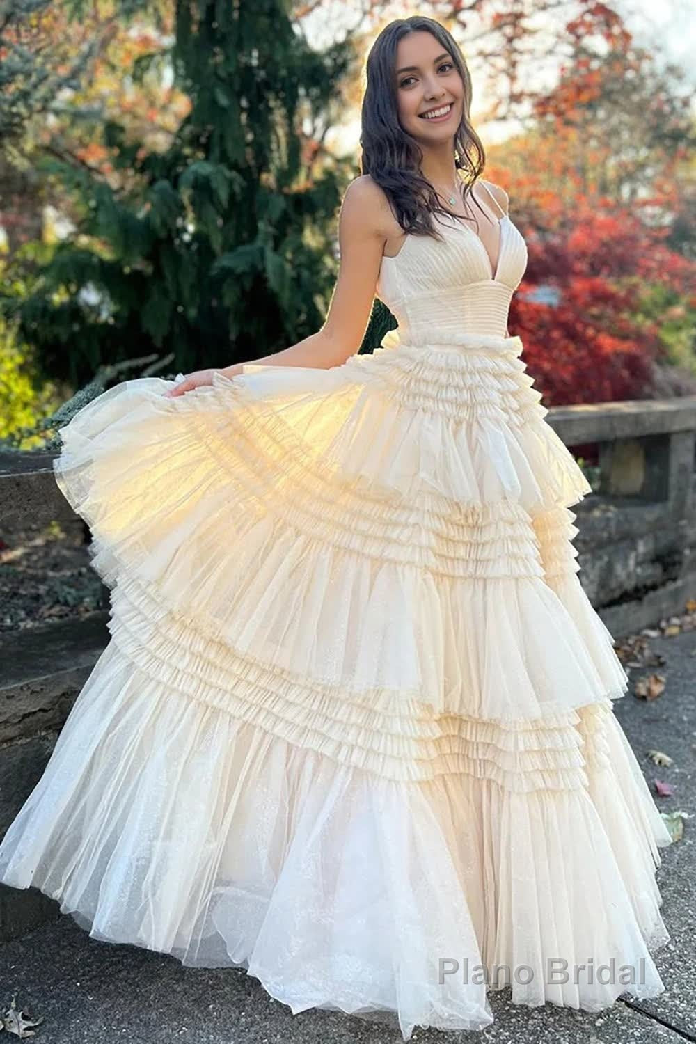 Beige Tulle Tiered Spaghetti Straps Long Prom Dress with Slit Secondary image