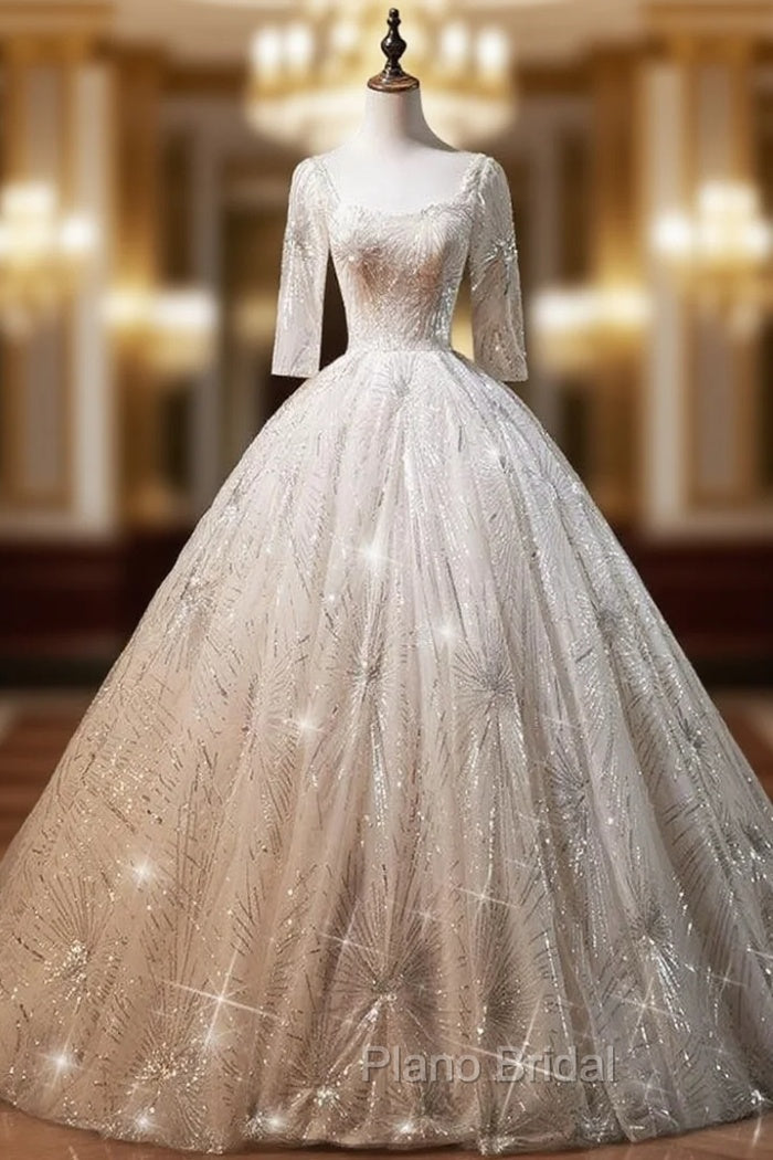 Beige White Tulle Sequins Bling Bling Half Sleeve Backless Wedding Dresses Main image