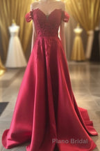 Hunter Green Lace Off-the-Shoulder A-Line Long Formal Prom Dresses