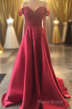 Hunter Green Lace Off-the-Shoulder A-Line Long Formal Prom Dresses