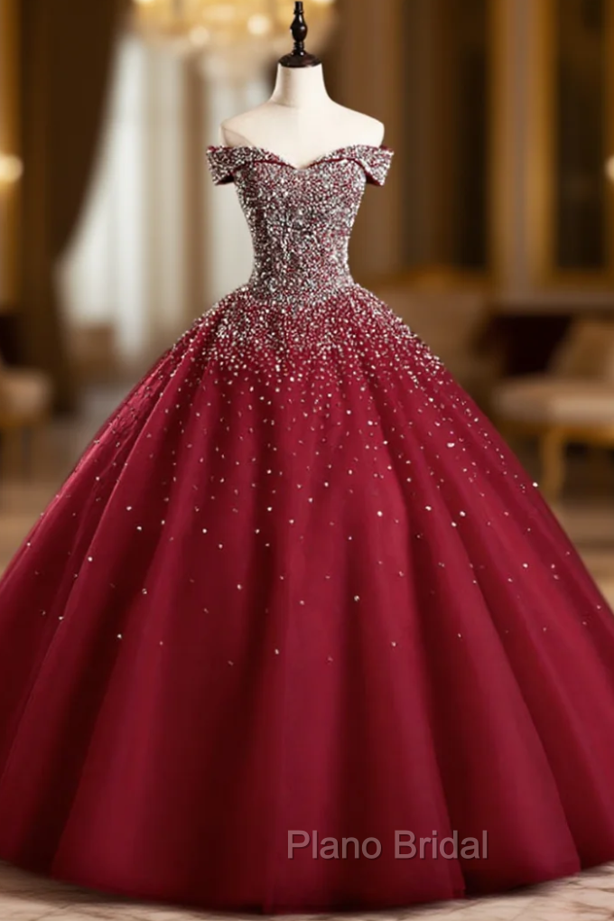 Best For You Burgundy Ball Gown Tulle Off the Shoulder Beading Sequins Quinceanera Dresses Main image