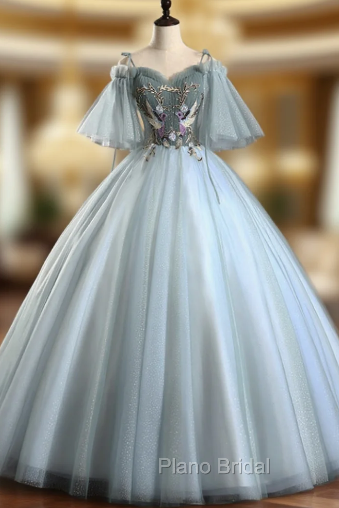 Best For You Light Blue Ball Gown Tulle Spagehtti Straps Short Sleeve Quinceanera Dresses Main image