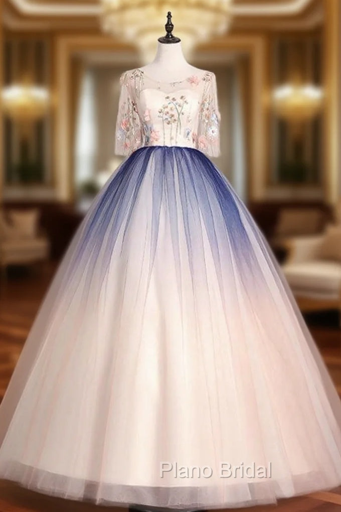 Best For You Pink Blue Ball Gown Tulle Embroidery Short Sleeve Quinceanera Dresses Main image