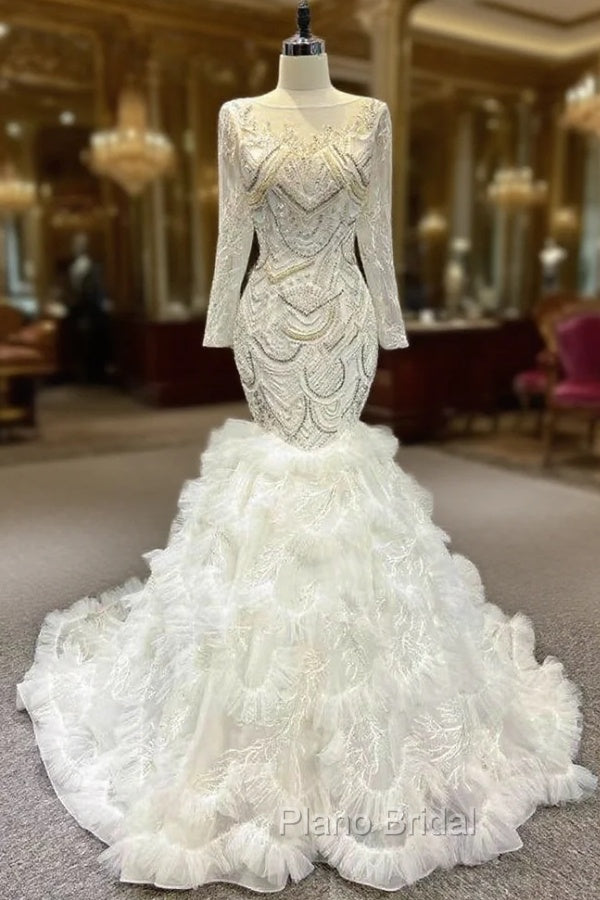 Best For You White Mermaid Tulle Beading Long Sleeve Wedding Dresses Main image