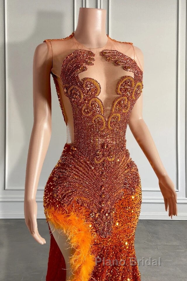 Mermaid Style Burnt Orange Sequins Formal Prom Dress with Side Slit Long Length Beadings and Feathers Secondary image