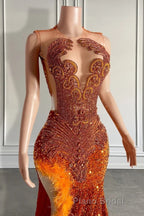 Mermaid Style Burnt Orange Sequins Formal Prom Dress with Side Slit Long Length Beadings and Feathers