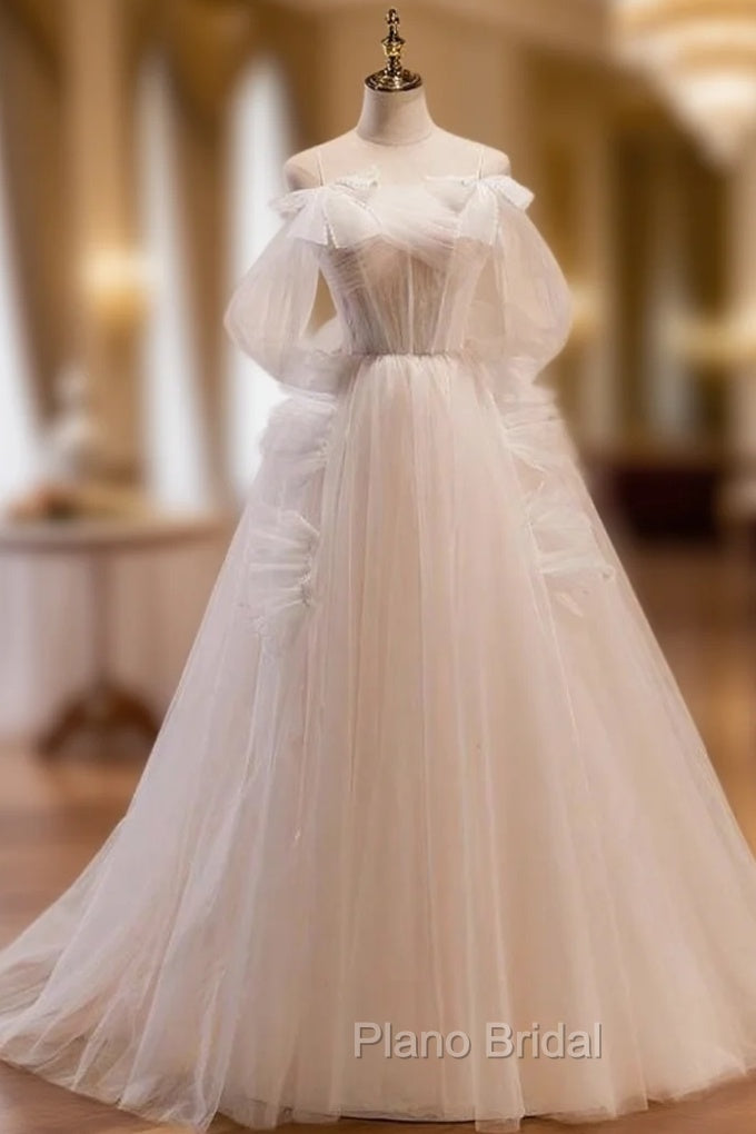 Biege Tulle Spahetti Straps Backless Pleats Wedding Dresses Main image