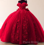 Big Bow Floral Flower Lace Applique Off Shoulder Ball Gown Quinceanera Dresses
