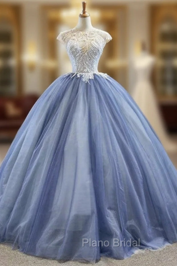 Biggest Sale Blue Ball Gown Tulle Cap Seeve Beading Long Formal Prom Dresses