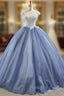 Biggest Sale Blue Ball Gown Tulle Cap Seeve Beading Long Formal Prom Dresses