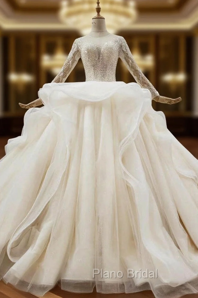 Biggest Sale Champagne Ball Gown Tulle Beading Sequins Long Sleeve Wedding Dresses