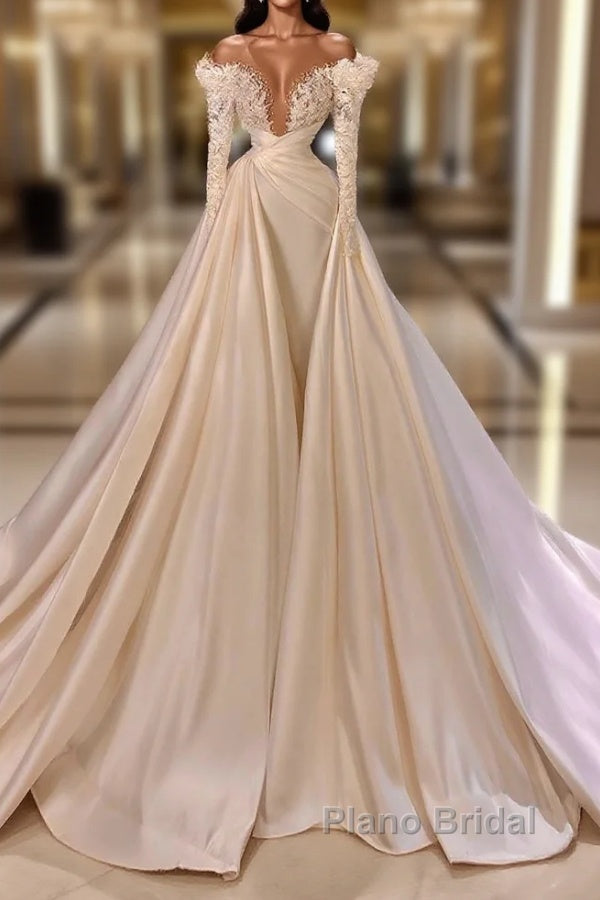 Biztunnel Long Mermaid V-neck Satin Lace Wedding Dresses with Sleeves Main image