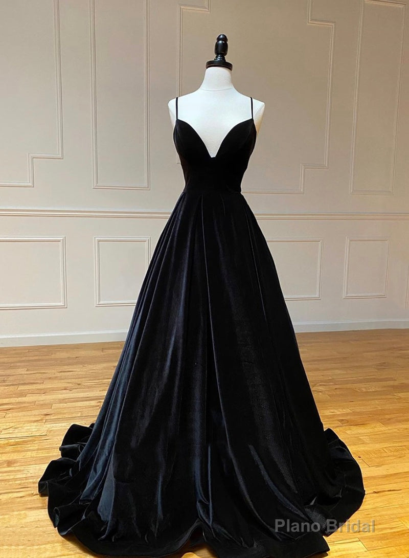 Black A-Line Velvet Long Prom Dresses, Black Evening Dresses Main image