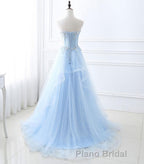 Light Blue Tulle Lace Long Formal Prom Dresses, Prom Dresses