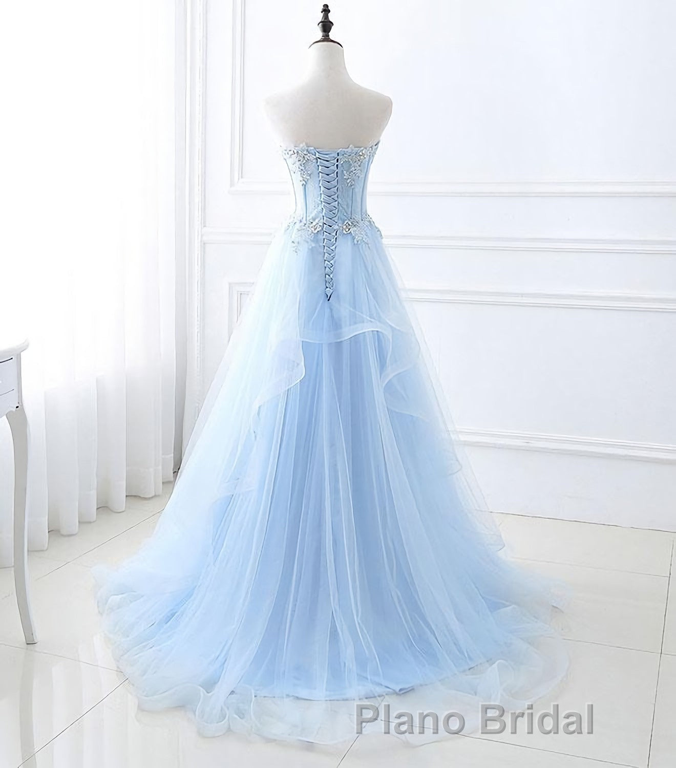 Light Blue Tulle Lace Long Formal Prom Dresses, Prom Dresses