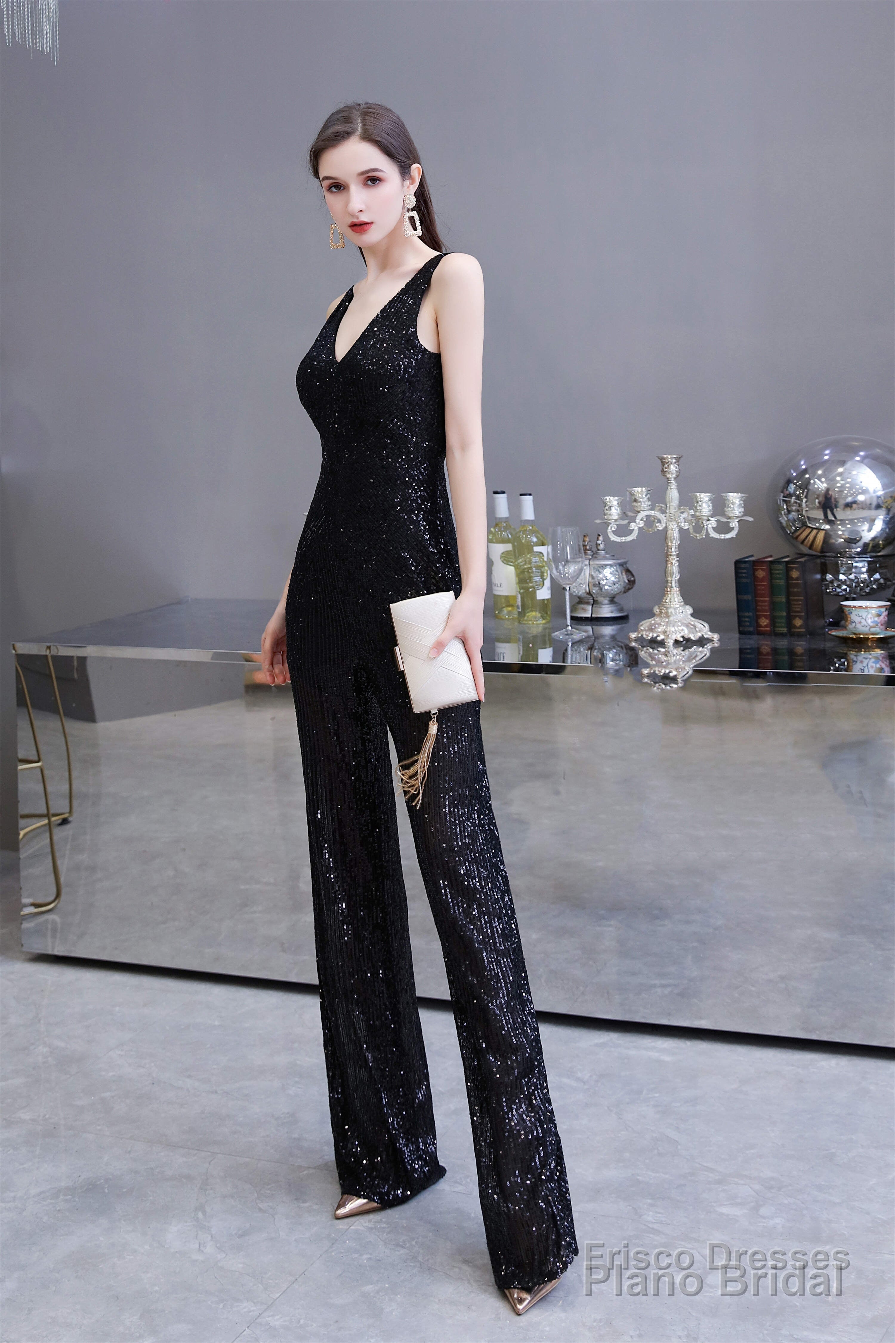 Shining V-neck Sequin Sleeveless Prom Jumpsuit