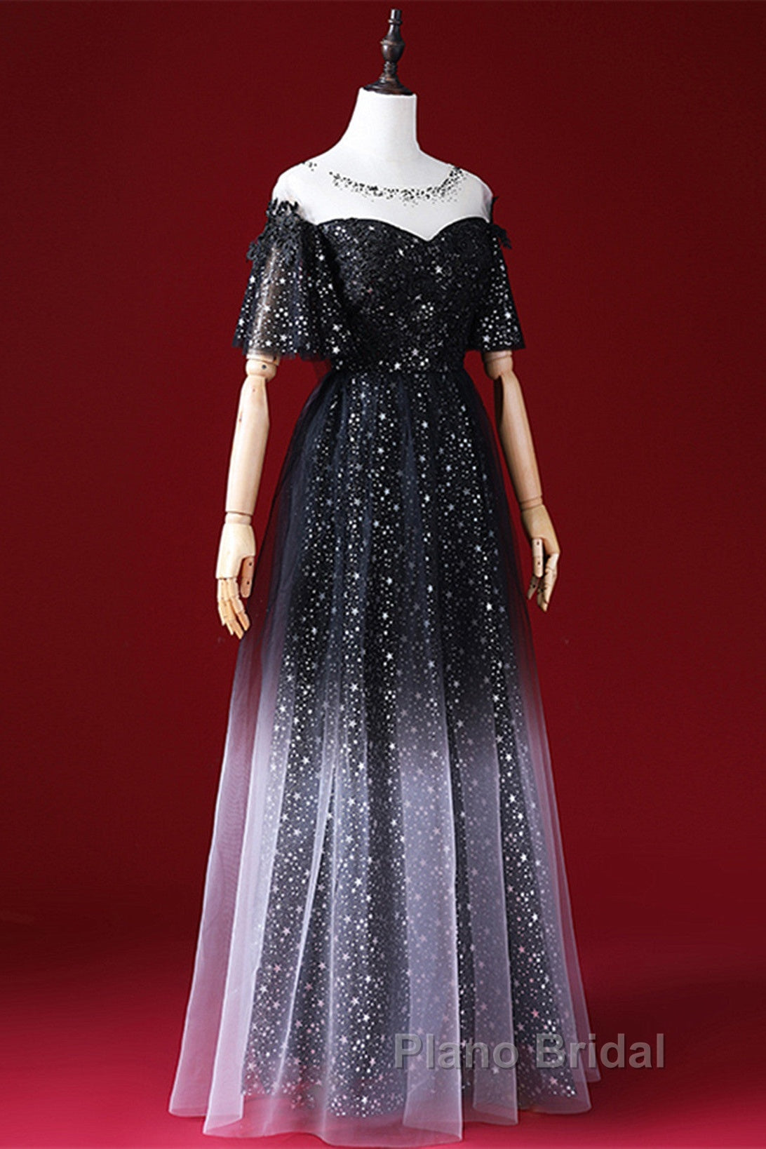 Black A-Line Gradient Tulle Short Sleeves Formal Prom Dresses, Black Long Evening Dresses