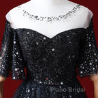Black A-Line Gradient Tulle Short Sleeves Formal Prom Dresses, Black Long Evening Dresses