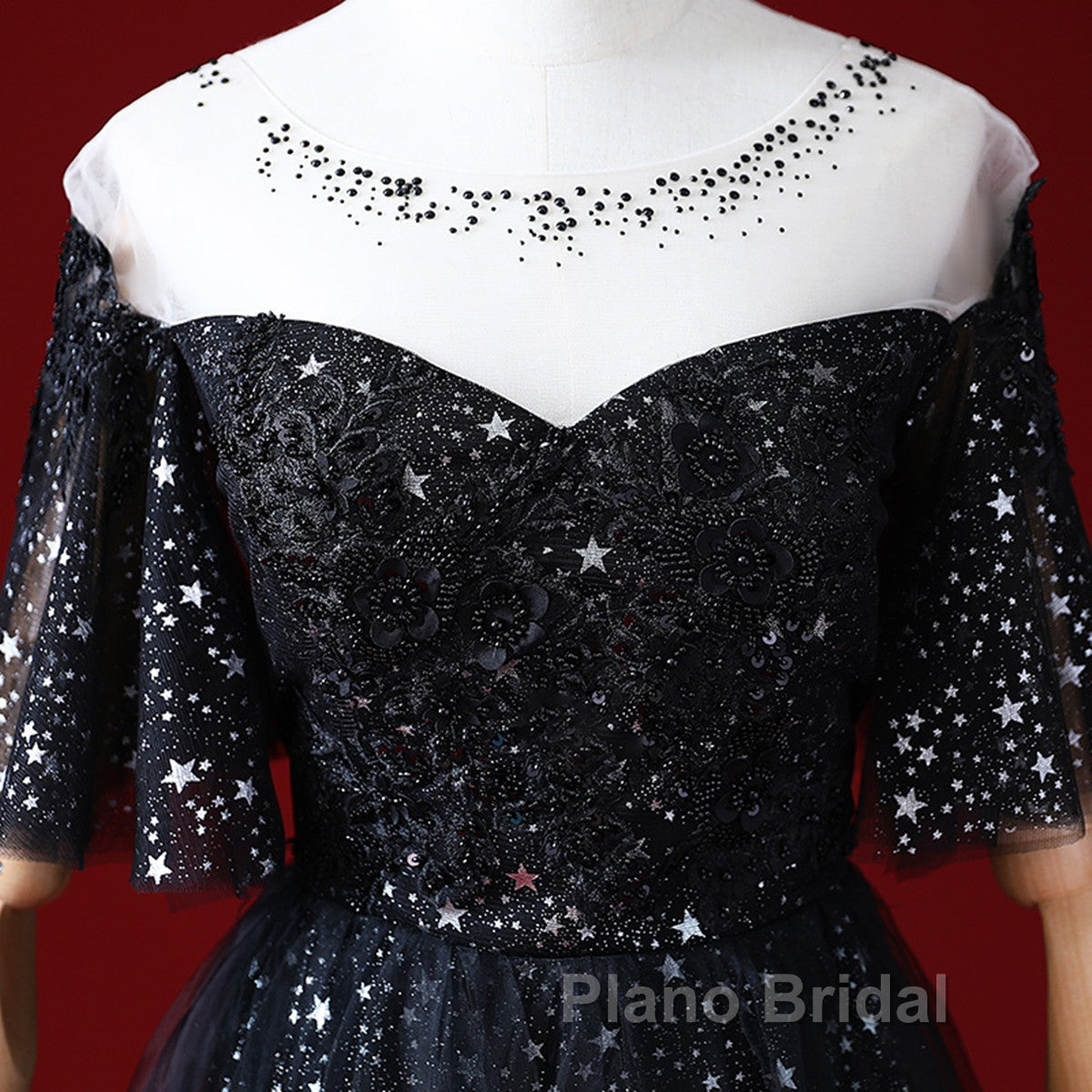Black A-Line Gradient Tulle Short Sleeves Formal Prom Dresses, Black Long Evening Dresses