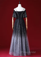 Black A-Line Gradient Tulle Short Sleeves Formal Prom Dresses, Black Long Evening Dresses