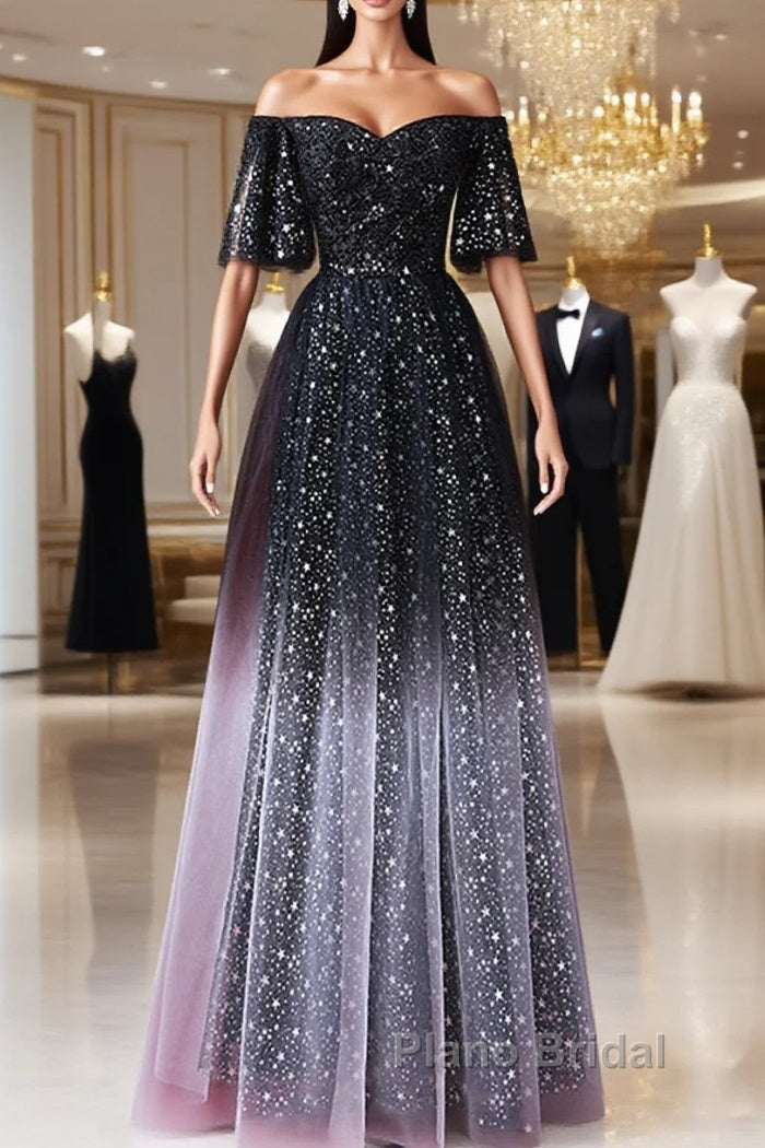 Black A-Line Gradient Tulle Short Sleeves Formal Prom Dresses, Black Long Evening Dresses Main image