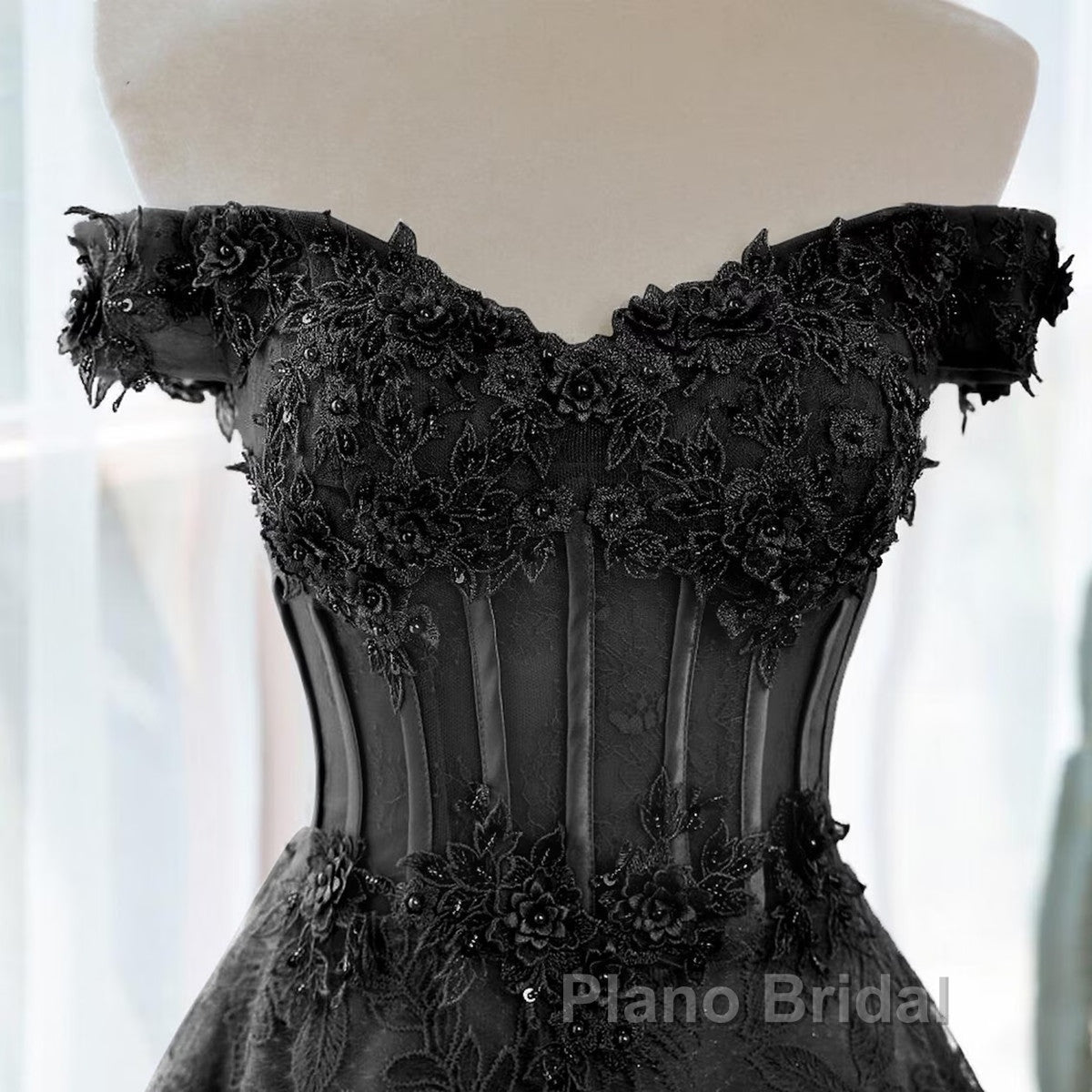 Black A-Line Lace Off Shoulder Tulle With Lace Formal Prom Dresses, Black Long Evening Dresses