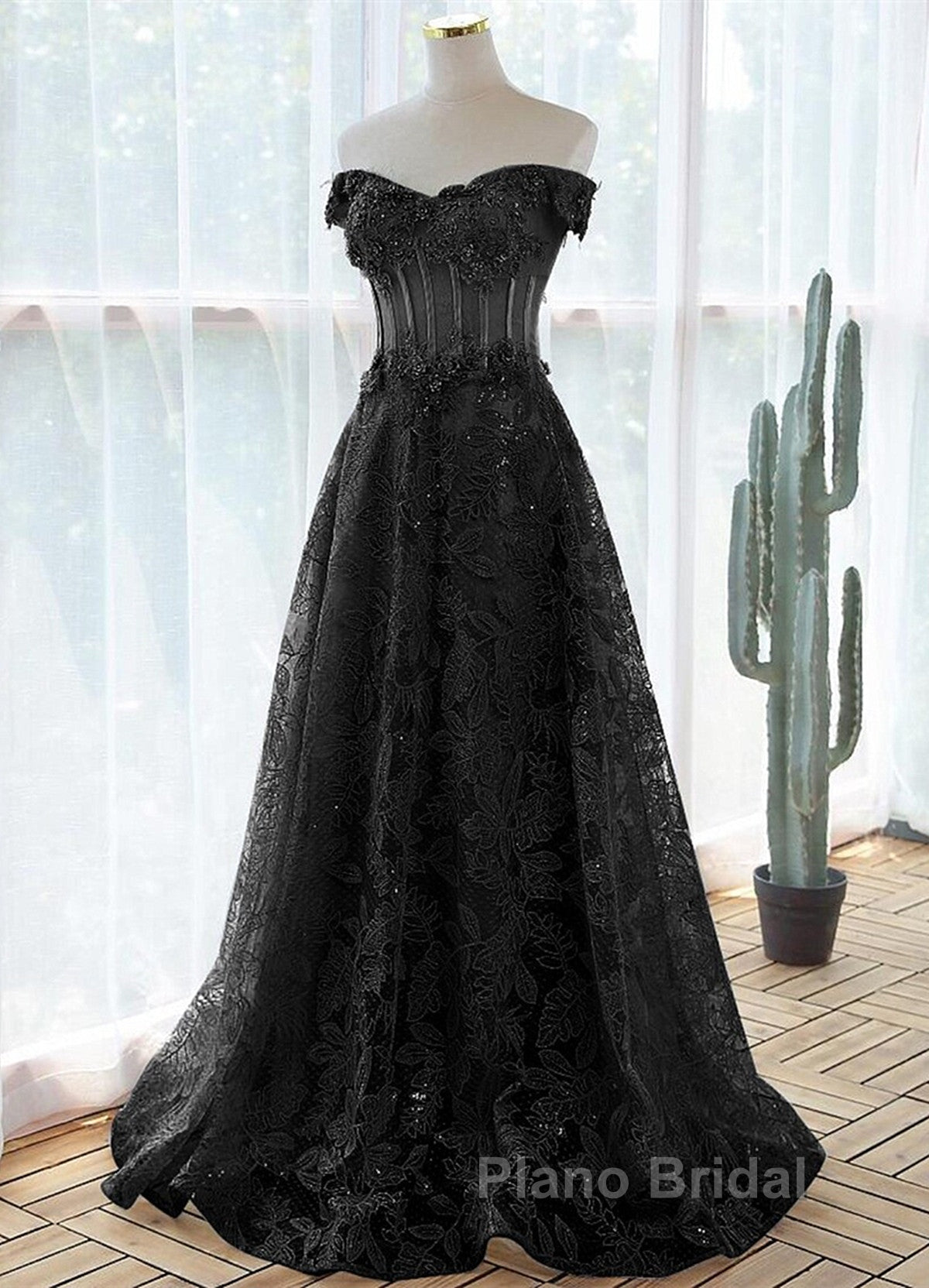 Black A-Line Lace Off Shoulder Tulle With Lace Formal Prom Dresses, Black Long Evening Dresses
