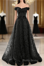 Black A-Line Lace Off Shoulder Tulle With Lace Formal Prom Dresses, Black Long Evening Dresses