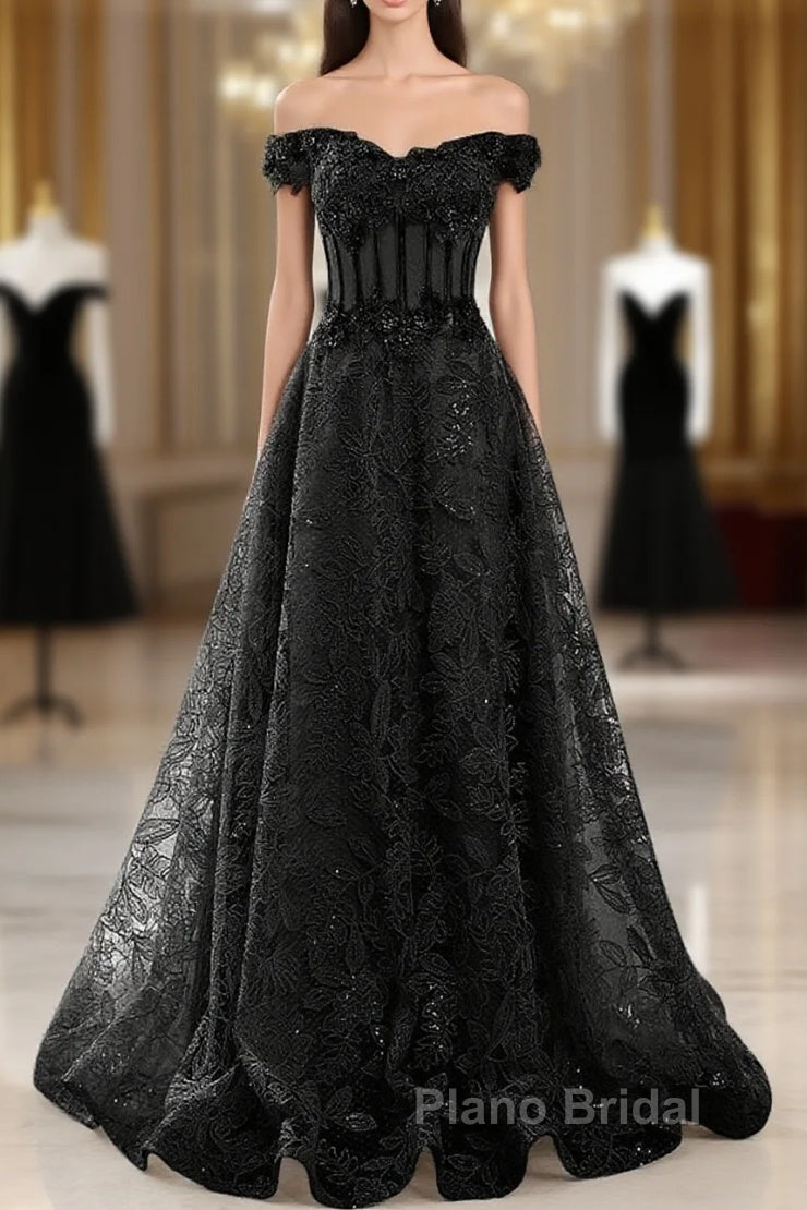 Black A-Line Lace Off Shoulder Tulle With Lace Formal Prom Dresses, Black Long Evening Dresses Main image