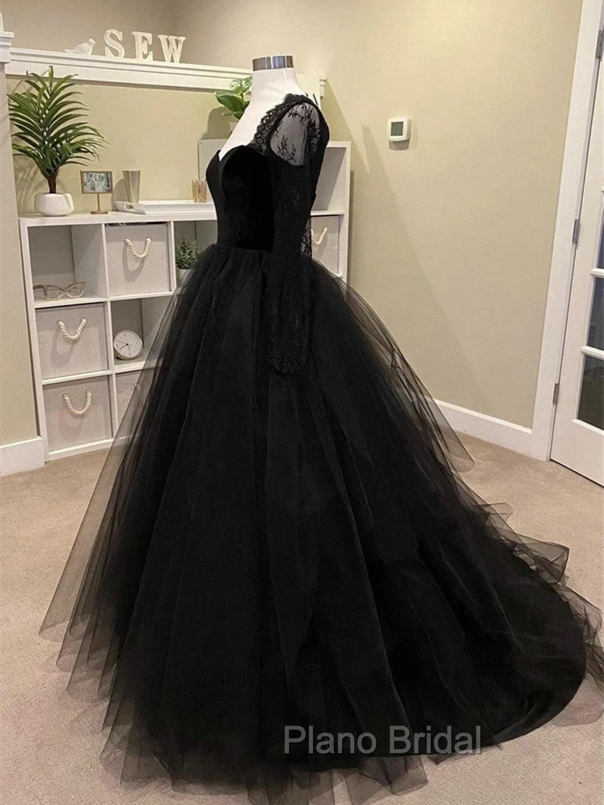 Black A-line Long Lace Sleeves Tulle Formal Dresses, Black Formal Prom Dresses Party Dresses Secondary image