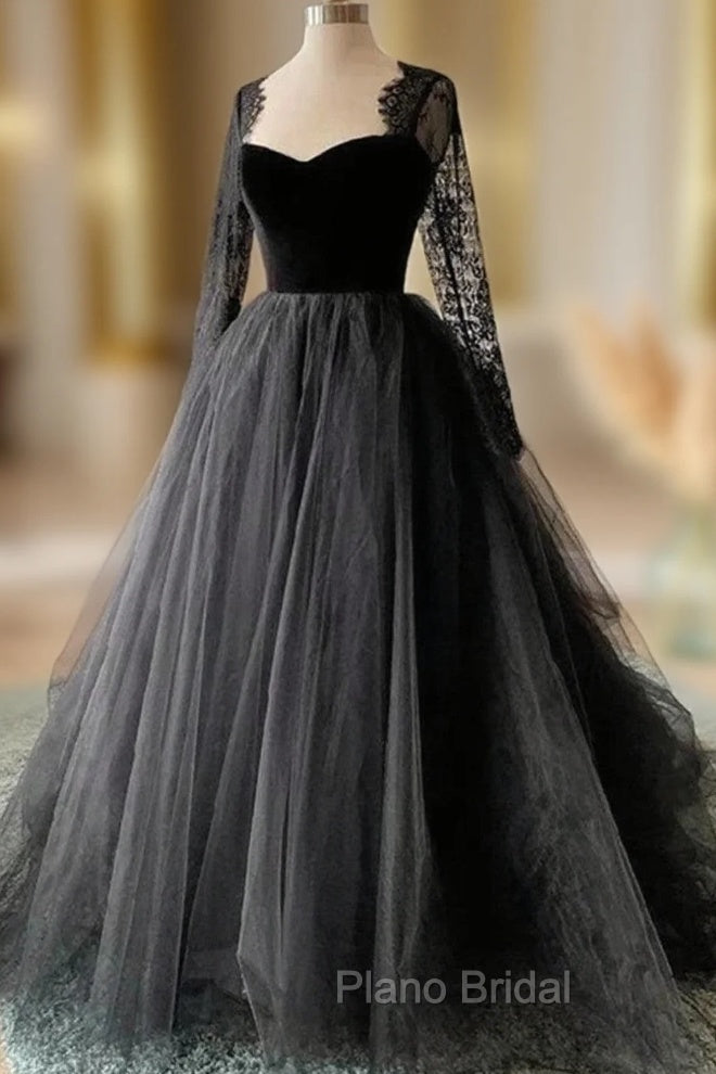 Black A-line Long Lace Sleeves Tulle Formal Dresses, Black Formal Prom Dresses Party Dresses Main image