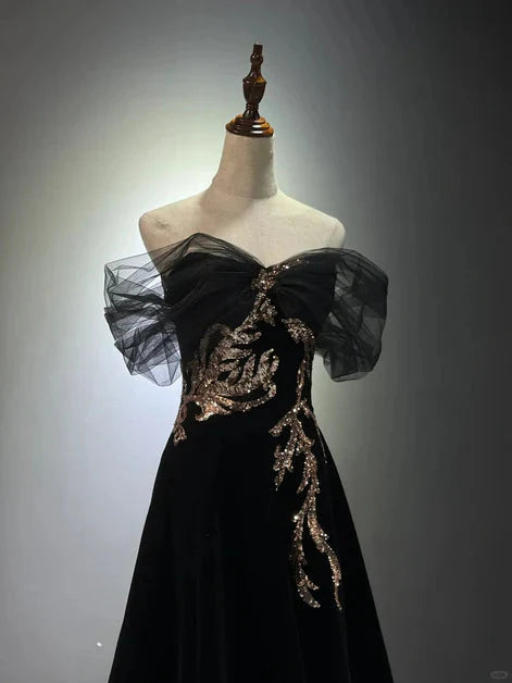 Black A-Line Off Shoulder Tulle Velvet Long Formal Prom Dresses,Sequin Formal Evening Dresses