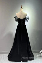 Black A-Line Off Shoulder Tulle Velvet Long Formal Prom Dresses,Sequin Formal Evening Dresses