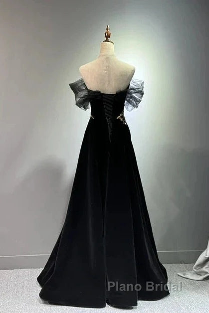 Black A-Line Off Shoulder Tulle Velvet Long Formal Prom Dresses,Sequin Formal Evening Dresses