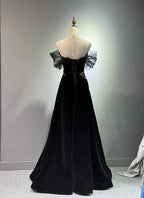 Black A-Line Off Shoulder Tulle Velvet Long Formal Prom Dresses,Sequin Formal Evening Dresses