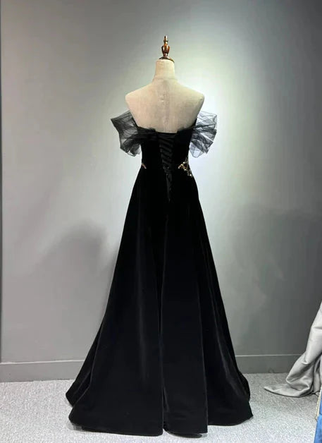 Black A-Line Off Shoulder Tulle Velvet Long Formal Prom Dresses,Sequin Formal Evening Dresses