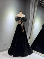 Black A-Line Off Shoulder Tulle Velvet Long Formal Prom Dresses,Sequin Formal Evening Dresses