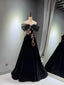 Black A-Line Off Shoulder Tulle Velvet Long Formal Prom Dresses,Sequin Formal Evening Dresses