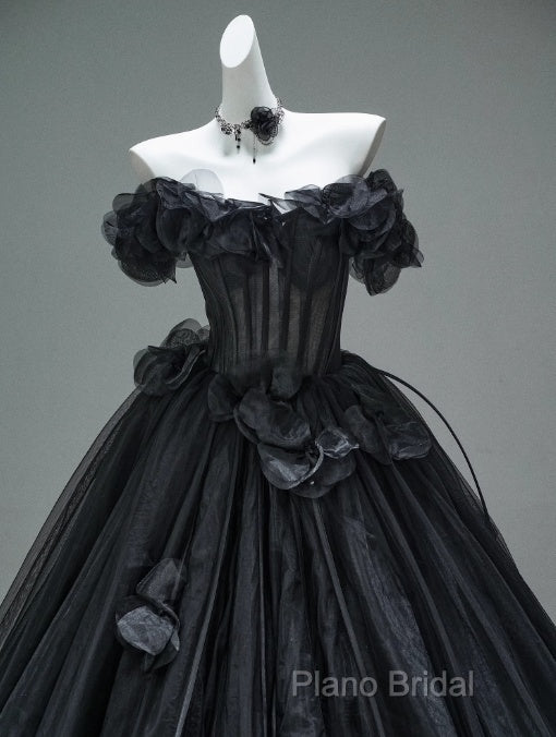 Black A-Line Off-The-Shoulder Tulle 3D Applique Long Formal Prom Dresses,Adult Ceremony Graduation Formal Prom Dresses Secondary image