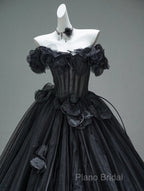 Black A-Line Off-The-Shoulder Tulle 3D Applique Long Formal Prom Dresses,Adult Ceremony Graduation Formal Prom Dresses